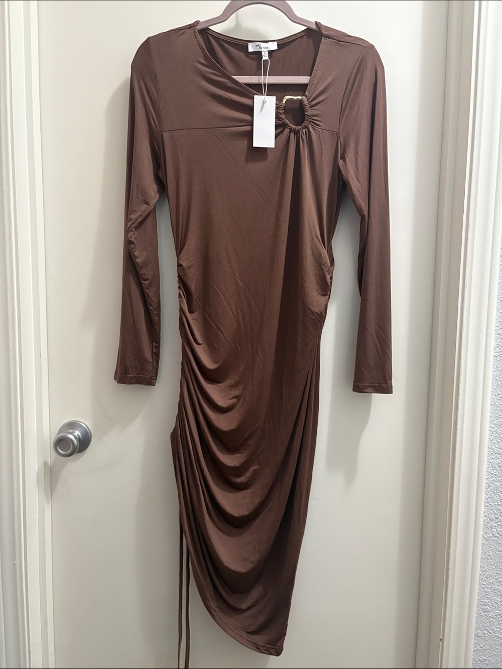 Asymmetric Long-Sleeve Ruched Dress with Ring Detail - Brown
